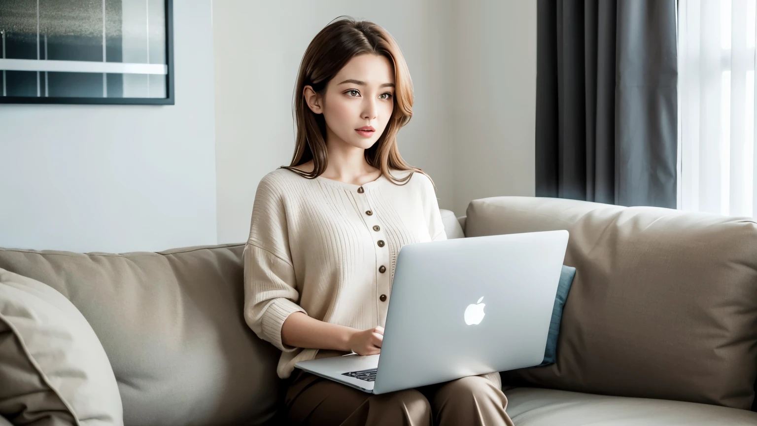 A clear, lifelike image of a woman seated on a sofa, caught in a moment of surprise as she looks at a laptop screen with a sale announcement. She has medium-length brown hair, a simple outfit, and a genuine, wide-eyed expression. The room is bright and modern, with clean lines and soft colors