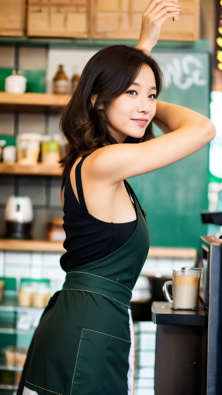 
Cool beauty，Looks sweet，long hair (bob haistyle), only wearing dark green starbucks apron, off-shoulders, show clavage, huge breast, full body photo, squat pose. Wearing black bunny headbend. Side view. nd. In coffee shop.