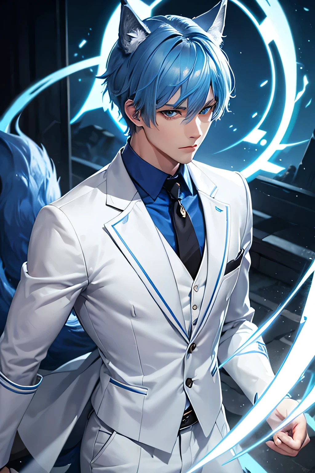 Blue Hair，Blue Eyes，short hair，Wolf Tail，Wolf ears，male，Medieval White Blazer，Blue Lightning，Handsome