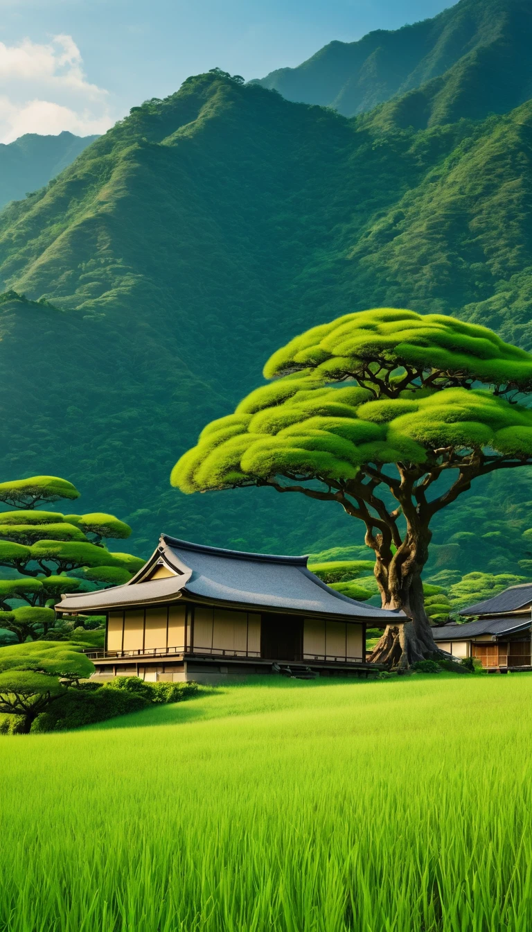 Green savana, tree in the middle, Beside the tree there is a japanese house, there are mountain, warm vibes, 4K