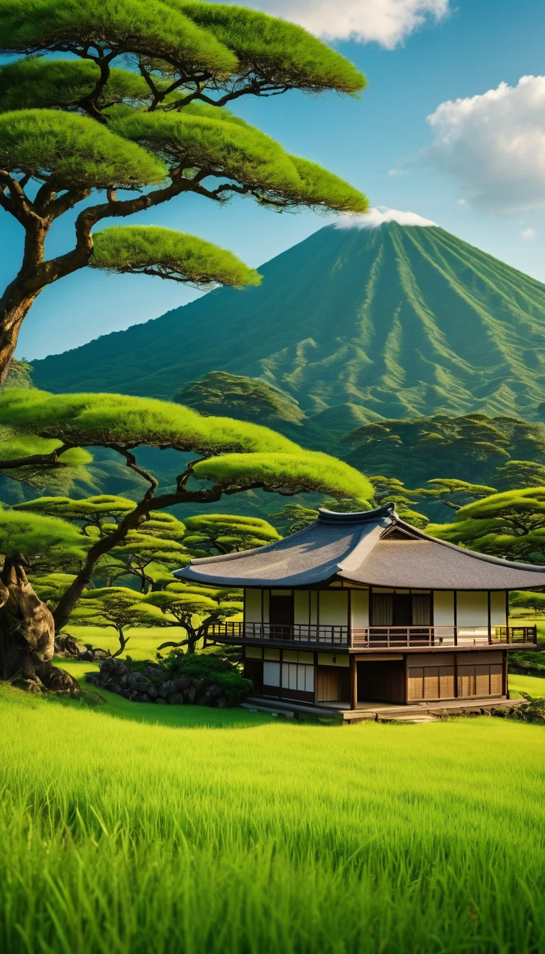 Green savana, tree in the middle, Beside the tree there is a japanese house, there are mountain, warm vibes, 4K