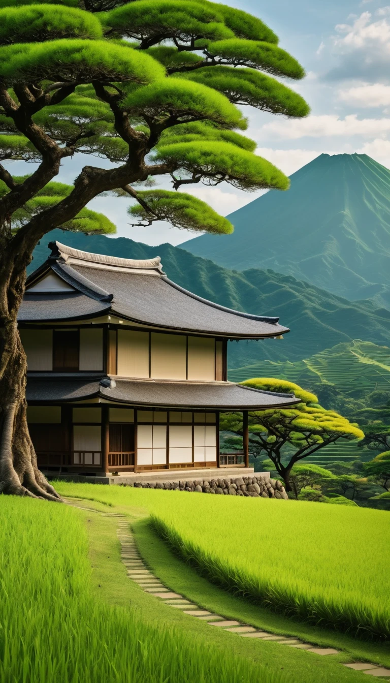 Green savana, tree in the middle, Beside the tree there is a japanese house, there are mountain, warm vibes, 4K