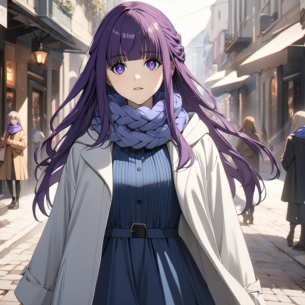 1girl,purple hair, long hair, purple eyes, bright pupils, blunt bangsFernCasual, white dress, black robe, open clothes, hood, frilled collarFernWinter, blue scarf, grey coat, blue dress, black beltalternate hairstyle, purple hair, sidelocks, purple eyes, bright pupils, blunt bangs