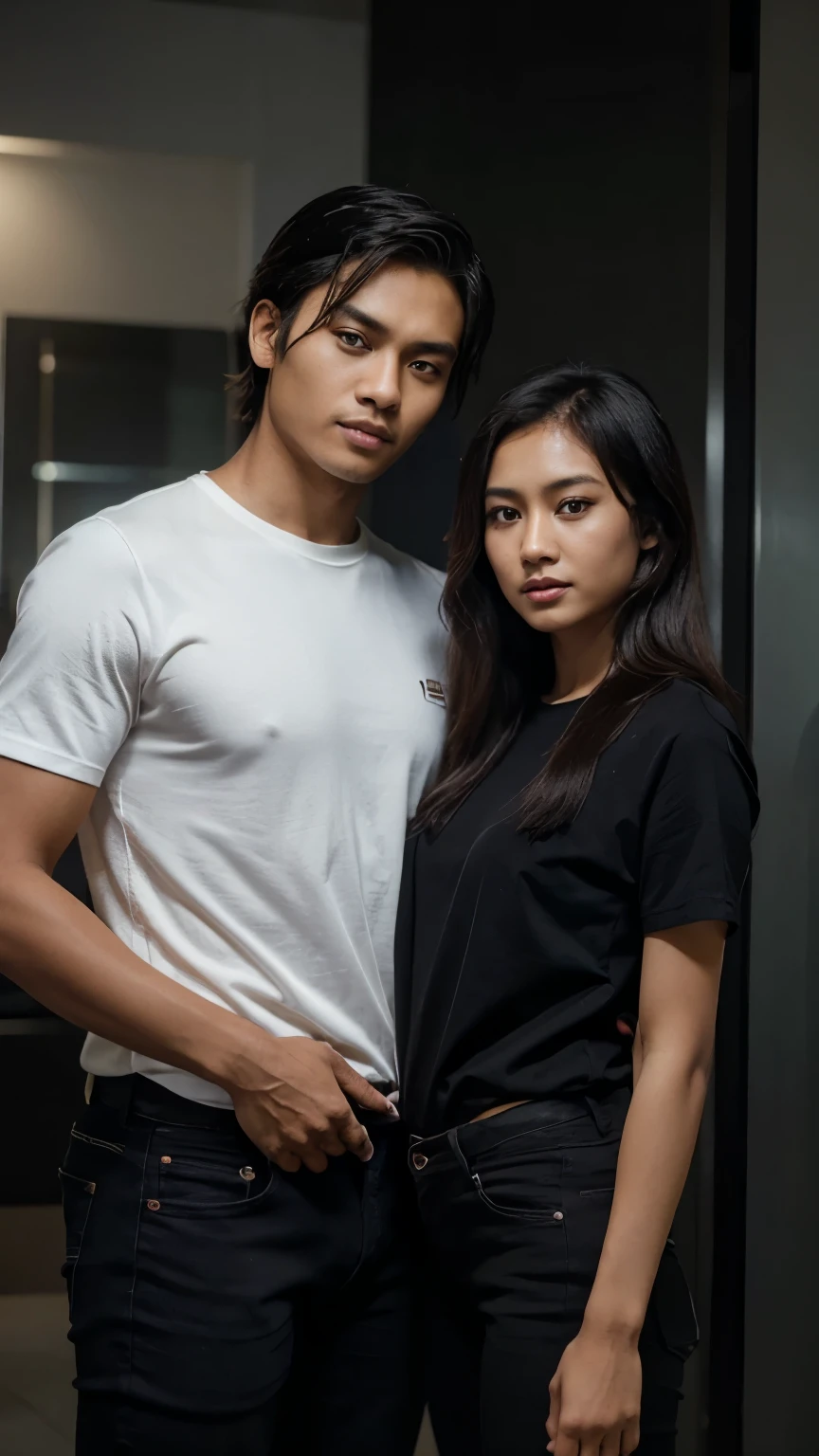 an Indonesian man and an Indonesian woman standing next to each other, an image, inspired by Adam Dario Keel, which is trending in the cg community, a handsome young Indonesian man with a beautiful young Indonesian woman in a shirt, black skinny jeans, tangled hair, movie screencap, model elissa jes from acquamodels, 8k, photorealistic