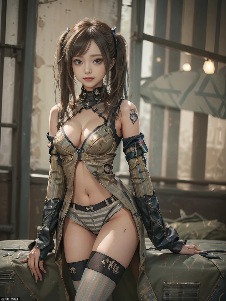 (Three Women,3 girls:1.5),(Full Body View:1.2)、(Side view:1.1)、(Please smile with your teeth showing:1.3),(Shibuya Gal:1.5)、(Gothic ta style fashion:1.5)、(Tattered khaki and gray futuristic micro high leg bodysuit:1.5)、(Tattered Khaki and Moss Green Micro Fancy Sleeves:1.5)、(Tattered khaki micro shorts:1.5)、(Brown and khaki knee socks:1.3)、(camouflage:1.3)、(Military jacket:1.4)、Brown boots、Khaki gloves、internal、(The underwear is striped:1.4)、23 years old、(do a gravure pose:1.3)、((Highest quality、8k、masterpiece:1.3))、One girl、The beauty of slim abs:1.3、(Hairstyle Casual、Big Tits:1.1)、dress:1.1、Super small face、Narrow eyes、double eyelid、Laughter、Esbian all over body、Dynamic Angle、Close-up、CPL Filter、Blurred Background、Bokeh、Blue Hour、Detailed face and skin texture、Detailed Eyes,(Twin tails:1.3)、(Brown-golden hair:1.4)、Gravure idol pose、(The background is a person riding a motorcycle:1.3)、(The body is slim:1.2),(Slim legs:1.4),(clavicle:1.1)