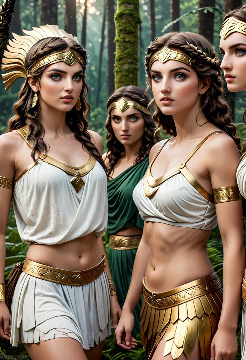 beautiful detailed eyes, beautiful detailed lips, cstatuesdxl, extremely detailed eyes and face, longeyelashes, 5 girls looking flirty to camera, ancient greek warrior, durchtrainierte Bauchmuskeln, women in togas, diferent Hair Collor and styles, forest background, sandals, sexy, (best quality,4k,8k,highres,masterpiece:1.2),ultra-detailed,(realistic,photorealistic,photo-realistic:1.37), concept art, dramatic lighting, vibrant colors, cinematic