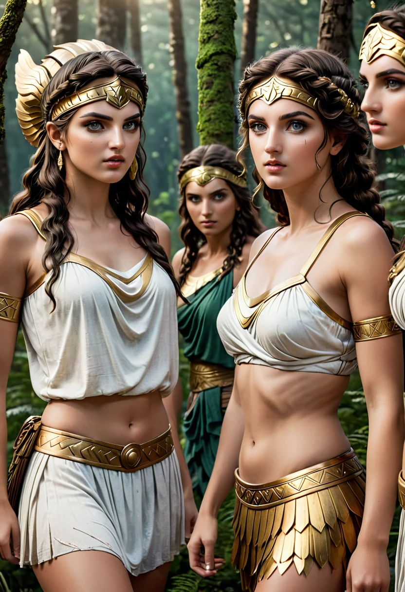 beautiful detailed eyes, beautiful detailed lips, cstatuesdxl, extremely detailed eyes and face, longeyelashes, 5 girls looking flirty to camera, ancient greek warrior, durchtrainierte Bauchmuskeln, women in togas, diferent Hair Collor and styles, forest background, sandals, sexy, (best quality,4k,8k,highres,masterpiece:1.2),ultra-detailed,(realistic,photorealistic,photo-realistic:1.37), concept art, dramatic lighting, vibrant colors, cinematic