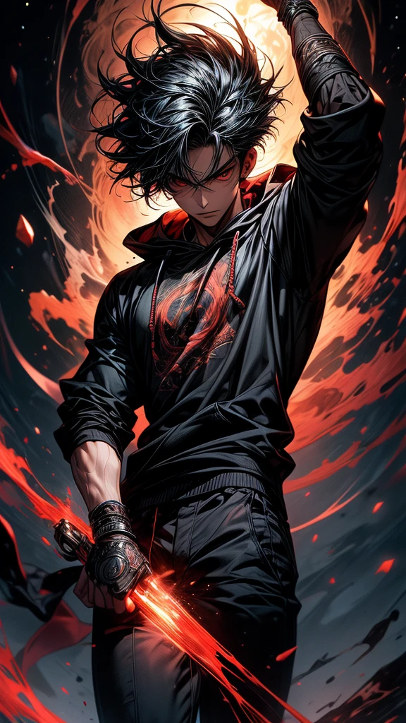 Masterpiece, best quality, high resolution, highly detailed, 1 young boy ( teenager 18 years old), young handsome face,  black hair ( light in the hair), red eyes ( glowing eyes ), cold expression ( cold look ), wearing a black hoodie, medival hoodie, and black pants, , surrounded by the splendors of the universe, pay attention to stunning details, and achieve a resolution of k, floating in a dynamic pose, high quality, with a majestic red aura of authority. Red aura emanating from the character, cold look, devoid of any emotion, dark background