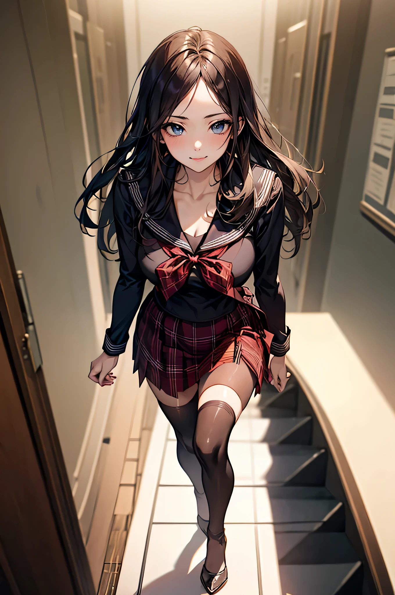 (Biologically correct limb count),Full body, including face,4K,Focus on the masterpiece face,Well-proportioned facial features,Delicate descriptive eyes,One beautiful woman,(Black Sailor Suit,red plaid skirt,Black Stockings),(smile),Looking down,Photos with white borders,Look away from the camera,National Library,walking,Walking down the stairs,Two Girls