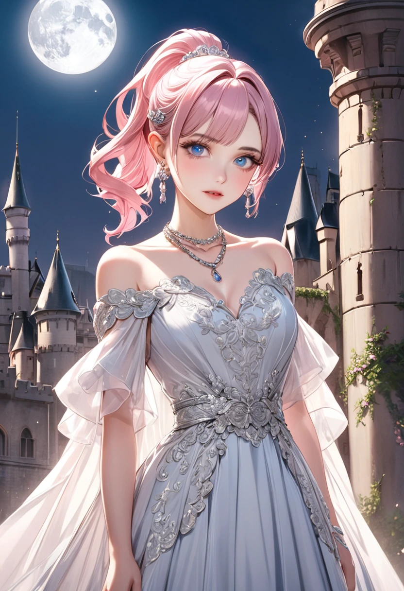 1 female Pink ponytail Pink eyebrows Dull light blue eyes Socialite debut Ivory long dress with silver embroidery Inside the castle full moon hair ornaments Gorgeous necklace with matching earrings Silver waist