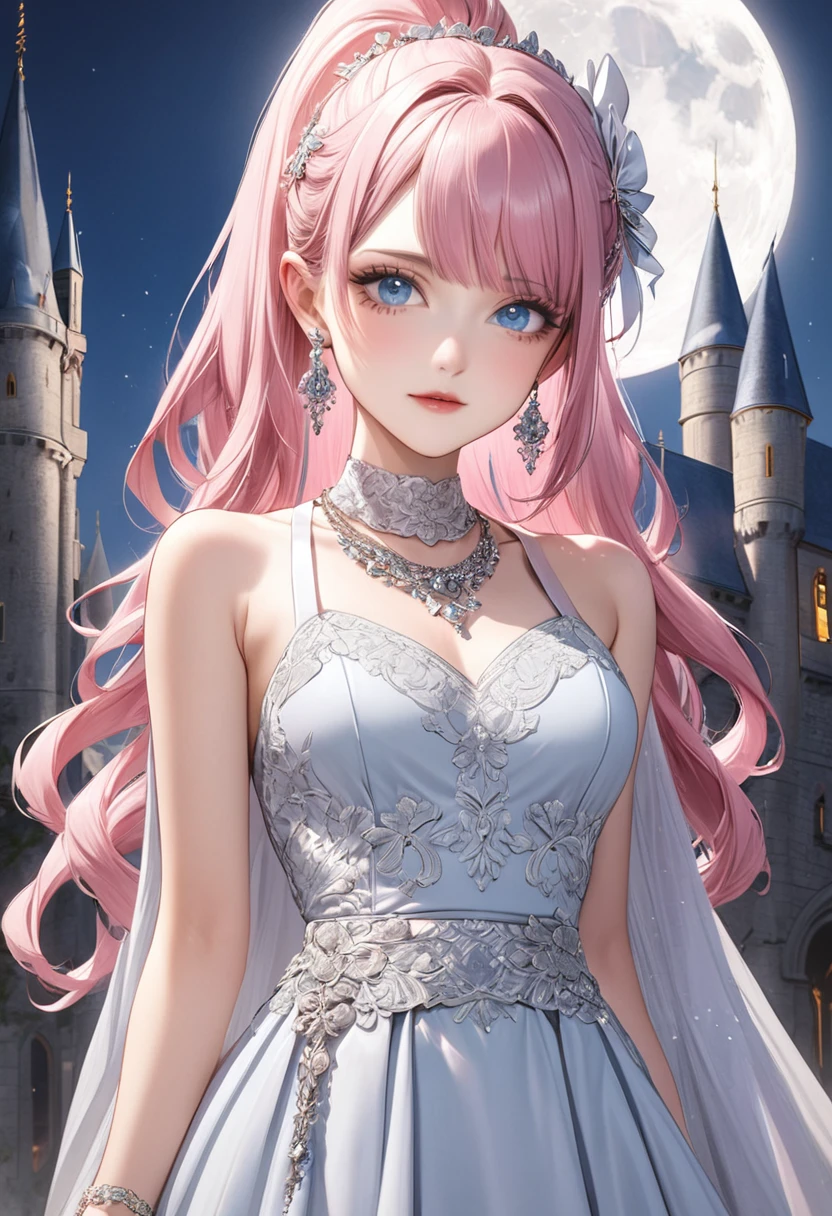 1 female Pink ponytail Pink eyebrows Dull light blue eyes Socialite debut Ivory long dress with silver embroidery Inside the castle full moon hair ornaments Gorgeous necklace with matching earrings Silver waist