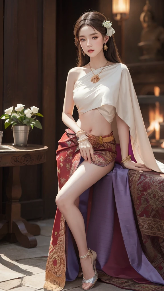 (RAW photos:1.2), (realistic:1.4), (Masterpiece:1.3), (best quality:1.4), Ultra high resolution, (Detailed eyes), (Detailed facial features), (Detailed clothing features), HDR, 8K resolution, focus only, Dressing according to Thai tradition, Traditional shawl , 1 woman , big breasts, A gigantic rift, big breastsดันเสื้อผ้า, big breast, Your breasts will grow to their full size...., Make your breasts bigger.., small waist, Long legs, Facing the audience, full body, depth of field, Cinema-grade lighting system, big breasts, Too big for your body, Revealing a flat stomach, The lower half of the chest can be seen...., Sexy sitting posture, Pictures from eye-catching angles, Correct picture composition, The picture is complete..,