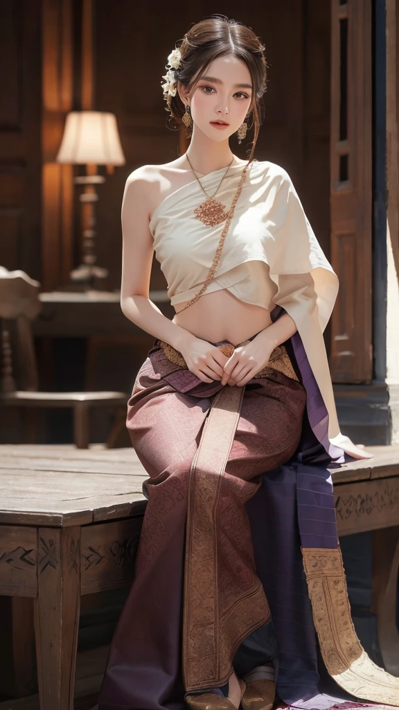 (RAW photos:1.2), (realistic:1.4), (Masterpiece:1.3), (best quality:1.4), Ultra high resolution, (Detailed eyes), (Detailed facial features), (Detailed clothing features), HDR, 8K resolution, focus only, Dressing according to Thai tradition, Traditional shawl , 1 woman , big breasts, A gigantic rift, big breastsดันเสื้อผ้า, big breast, Your breasts will grow to their full size...., Make your breasts bigger.., small waist, Long legs, Facing the audience, full body, depth of field, Cinema-grade lighting system, big breasts, Too big for your body, Revealing a flat stomach, The lower half of the chest can be seen...., Sexy sitting posture, Pictures from eye-catching angles, Correct picture composition, The picture is complete..,