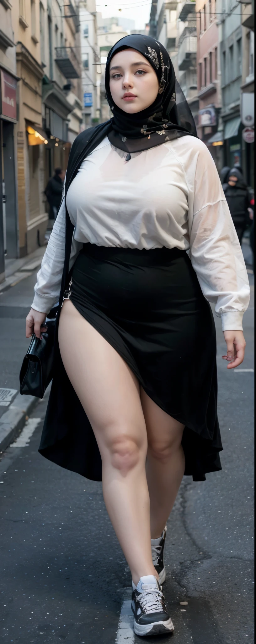 Milky white skin woman in black dress and hijab walking down the street, , hijab outfit, , hijab fashion model, plus size, plus size woman, , woman in black robes, beautiful woman, thicc, black outfit,, bbwchan , white sneakers , Height 170 cm, beautiful woman, with a beautiful appearance, a very beautiful masterpiece, a masterpiece of art, good lighting, Bright colors, Clean lines