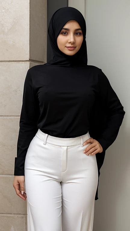 woman,((30 years old)), black hijab, black shirt, beautiful face, white skin, long pants, big hips, soft smile, house