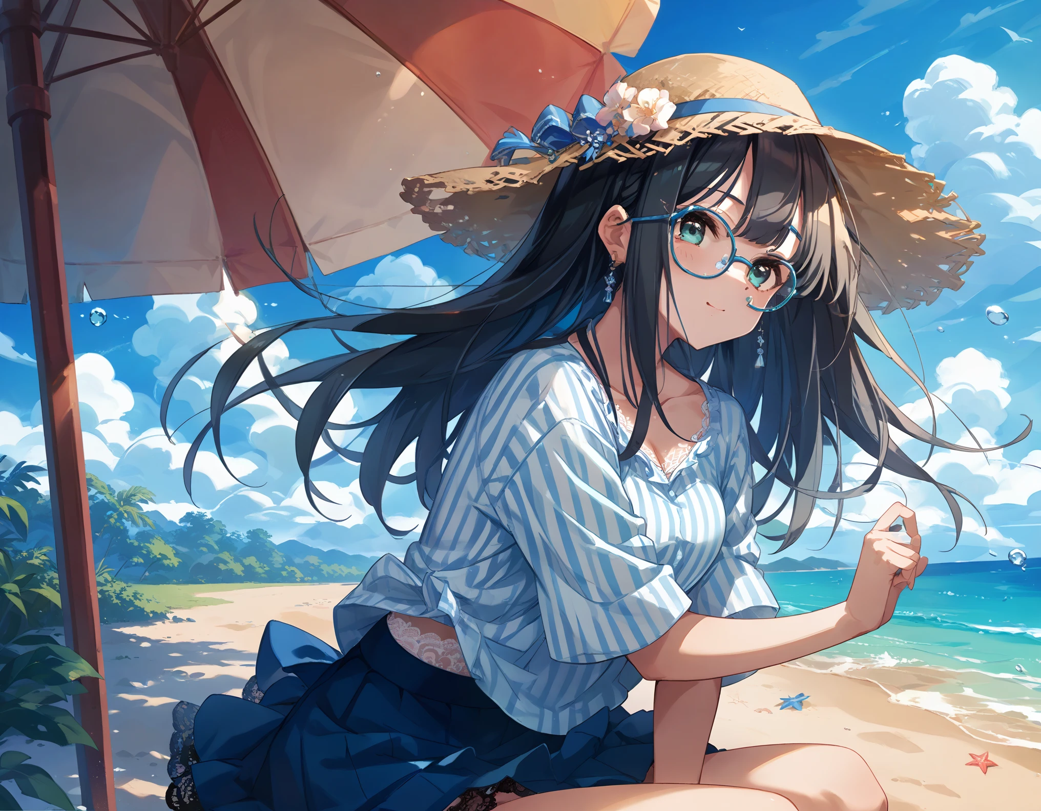 sticking to the shirt、Her breasts are visible through her blue and white striped shirt、Blue flared skirt、She lifts her skirt to reveal her cute white lace underwear、Girl with long black hair and glasses、whole body、Sandy beach and blue sky