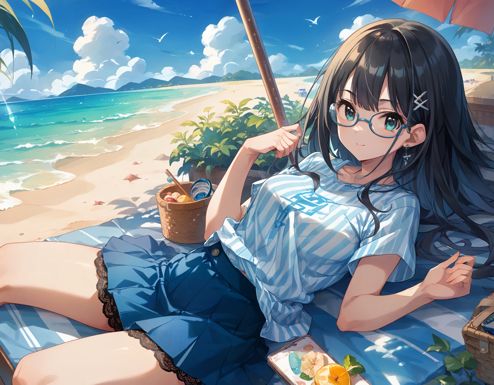 sticking to the shirt、Her breasts are visible through her blue and white striped shirt、Blue flared skirt、She lifts her skirt to reveal her cute white lace underwear、Girl with long black hair and glasses、whole body、Sandy beach and blue sky