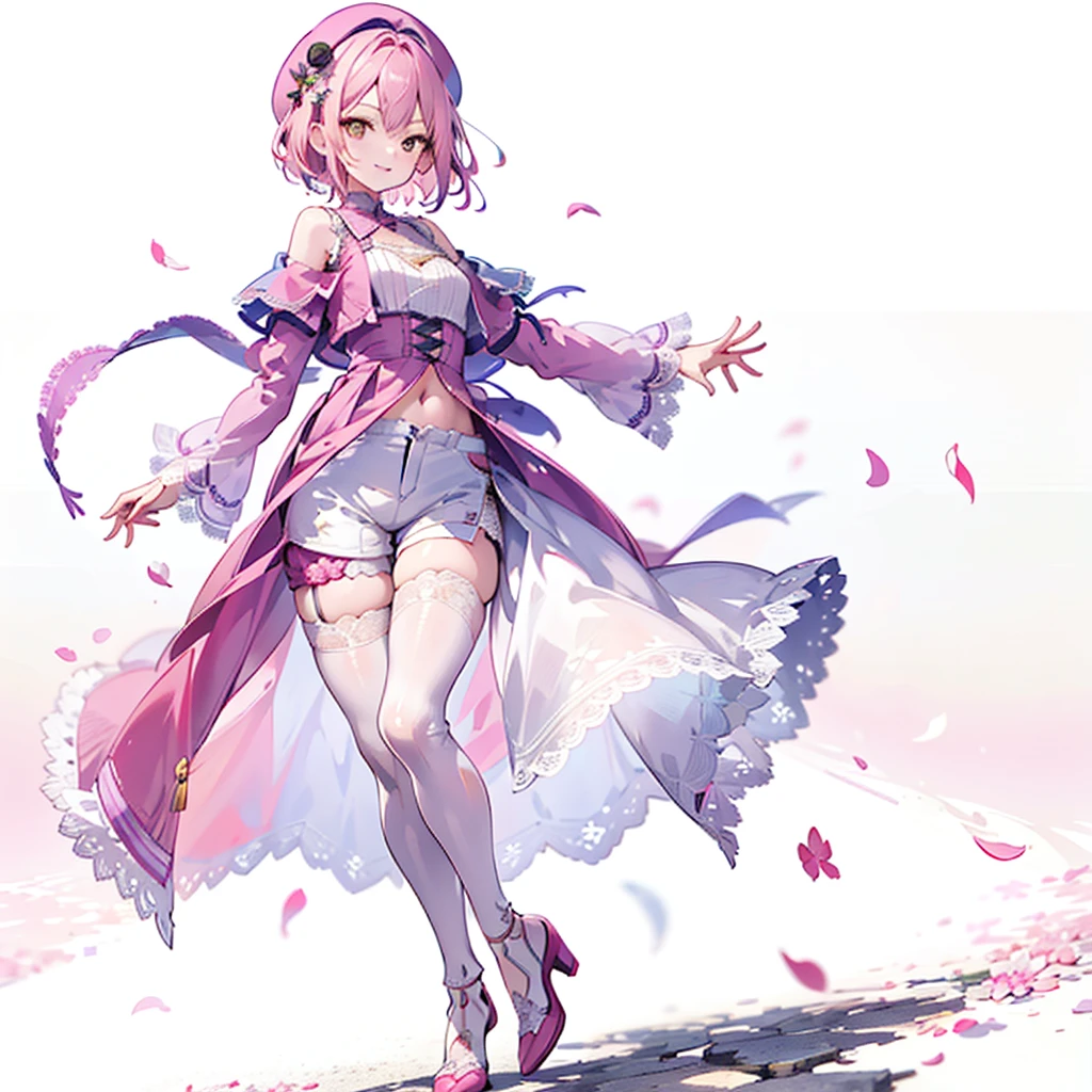 One girl，solo，One person，（Delicate eyes and beautiful face），（Delicate hair），（Full-body portrait）（Pink Short Hair），（Yellow Eyes），（smile），（beret），（Flat Chest），Lace Punk Jacket，Fluttering petals，Leg Straps，smile，[White background 1：：5]，Cropped hot pants，Children in general，Cheerfulness，Raise your hand，（Very detailed），（Clear Face），（Delicate and beautiful depiction of eyes）