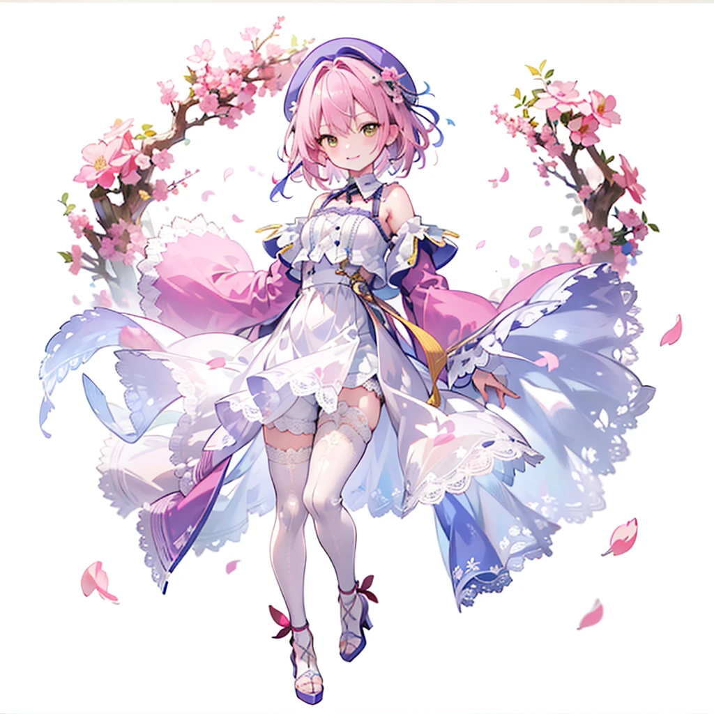 One girl，solo，One person，（Delicate eyes and beautiful face），（Delicate hair），（Full-body portrait）（Pink Short Hair），（Yellow Eyes），（smile），（beret），（Flat Chest），Lace Punk Jacket，Fluttering petals，Leg Straps，smile，[White background 1：：5]，Cropped hot pants，Children in general，Cheerfulness，Raise your hand，（Very detailed），（Clear Face），（Delicate and beautiful depiction of eyes）