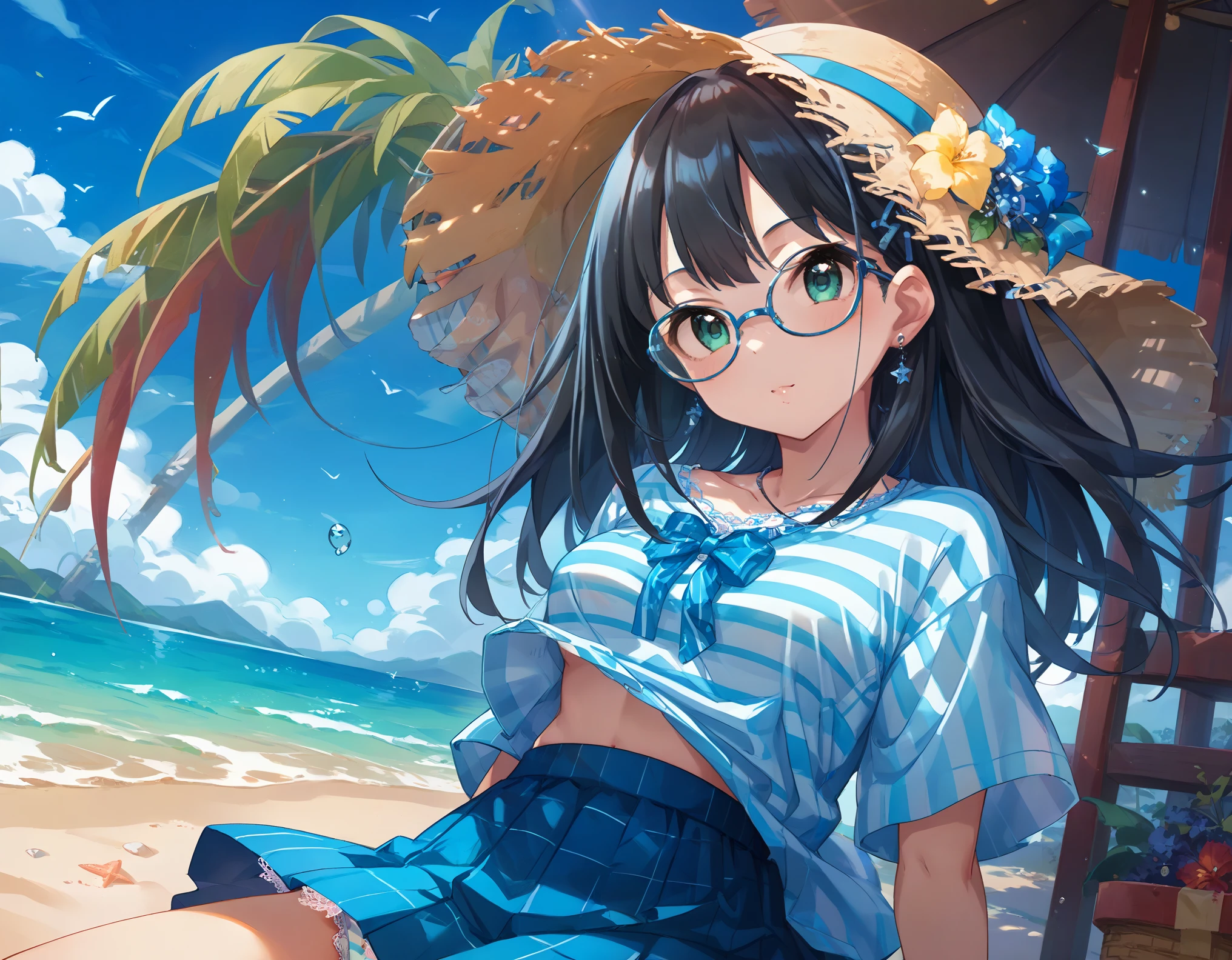 sticking to the shirt、Her breasts are visible through her blue and white striped shirt、Blue flared skirt、She lifts her skirt to reveal her cute white lace underwear、Girl with long black hair and glasses、whole body、Sandy beach and blue sky