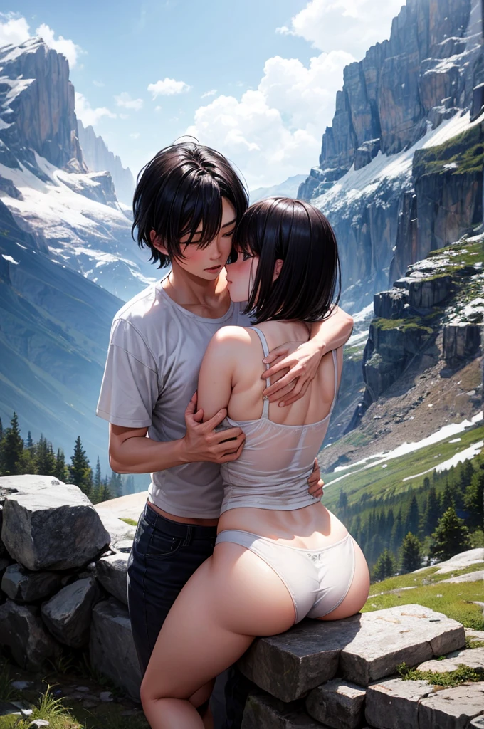 Best image quality, A lot of strangers, White underwear, Lost in the mountains, Show your ass, Embarrassed face, 2 people, woman, Embrace each other, Black Hair, Bob Hair