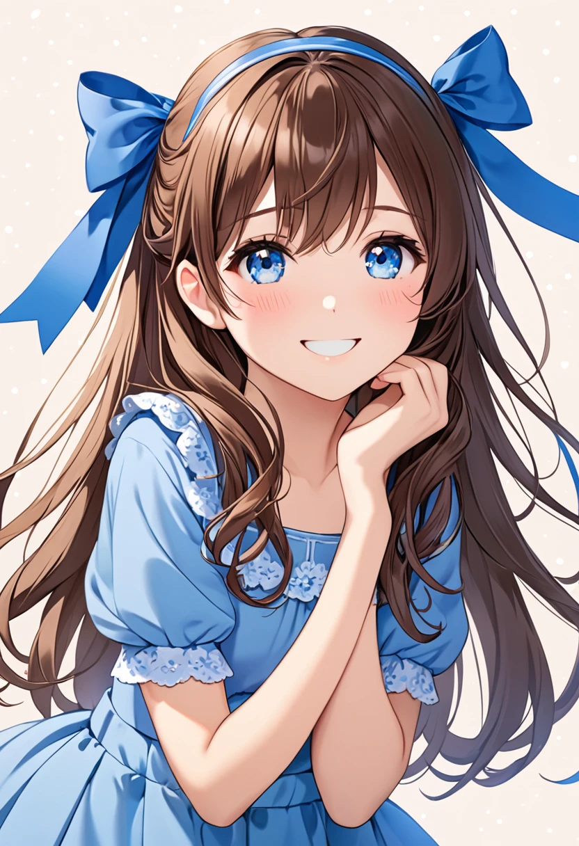 girl, beautiful girl, brown hair, long hair, blue eyes, blue ribbon, cute blue outfit, smile, little blush, small breats
