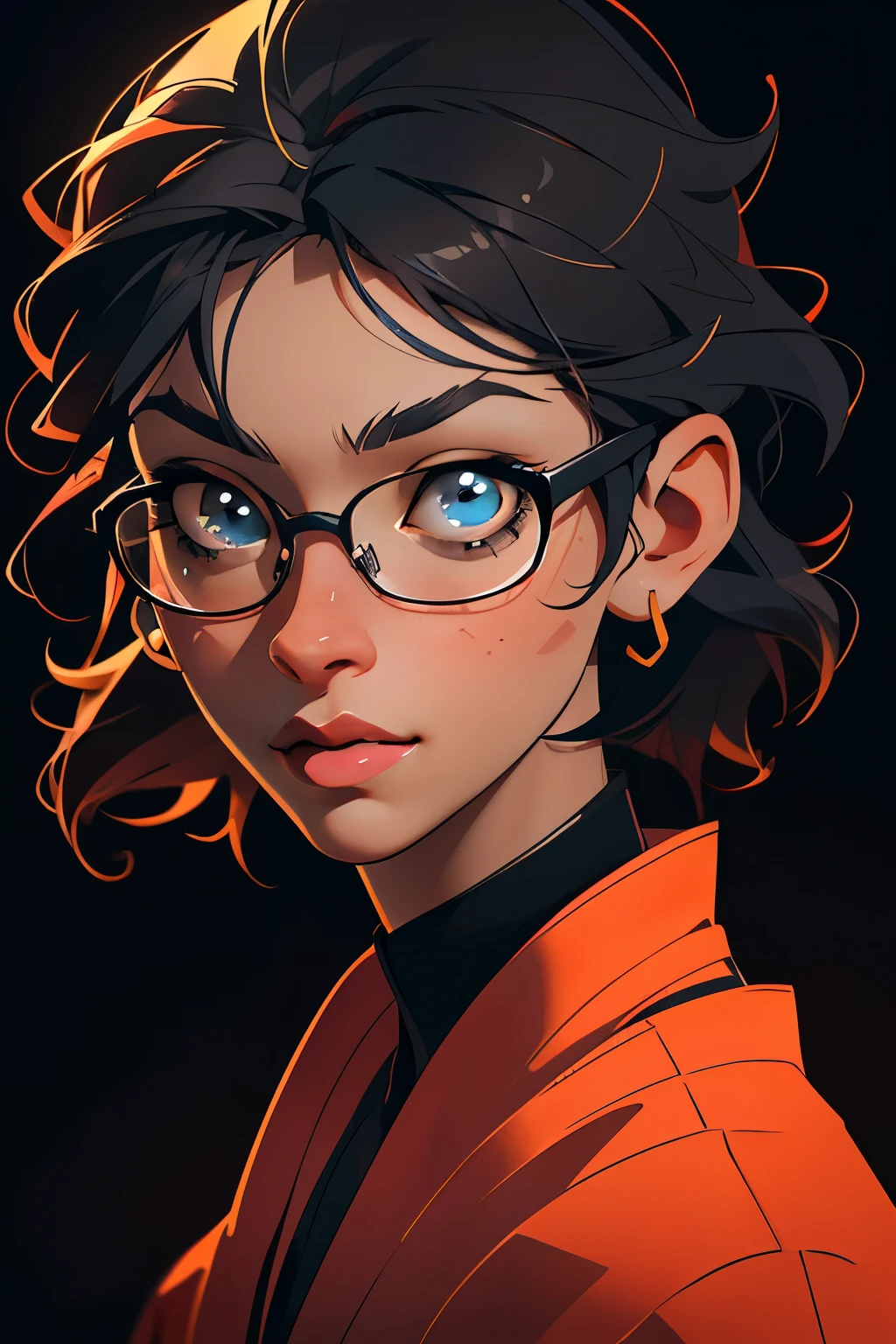 A 12 year old anime character, black skin, glasses, small head, (best quality,4k,8k,highres,masterpiece:1.2),ultra-detailed,(realistic,photorealistic,photo-realistic:1.37),highly detailed face, detailed eyes, detailed nose, detailed mouth, beautiful detailed eyes, beautiful detailed lips, extremely detailed face, longeyelashes, anime style, black skin, glasses, small head, , portrait, 1 character, vibrant colors, dramatic lighting, cinematic lighting, soft lighting, detailed background