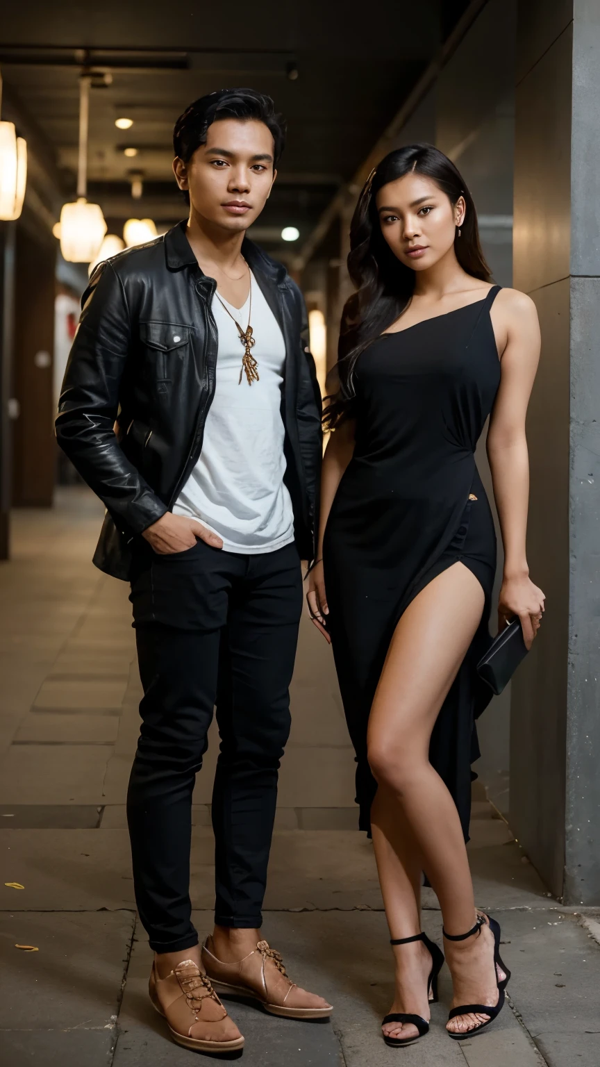 an Indonesian man and an Indonesian woman standing next to each other, an image, inspired by Adam Dario Keel, which is trending in the cg community, a handsome young Indonesian man with a beautiful young Indonesian woman in a dress, skinny jeans, black tangled hair, with shoes and heels, movie screencap, model elissa jes from acquamodels, 8k, photorealistic