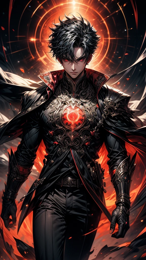 Masterpiece, best quality, high resolution, highly detailed, 1 young boy ( teenager 18 years old), young handsome face, black hair ( light in the hair), red eyes ( glowing eyes ), cold expression ( cold look ), wearing black clothes and black pants, , surrounded by the splendors of the universe, pay attention to stunning details, and achieve a resolution of k, floating in a dynamic pose, high quality, with a majestic red aura of authority. Red aura emanating from the character, cold look, devoid of any emotion, dark background