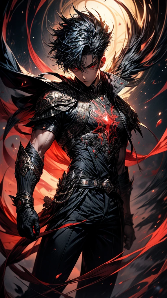 Masterpiece, best quality, high resolution, highly detailed, ung boy ( teen 18 years old), young handsome face, black hair ( light in the hair), red eyes ( glowing eyes ), cold expression ( cold look ), wearing black clothes and black pants, , surrounded by the splendors of the universe, pay attention to stunning details, and achieve a resolution of k, floating in a dynamic pose, high quality, with a majestic red aura of authority. Red aura emanating from the character, cold look, devoid of any emotion, dark background