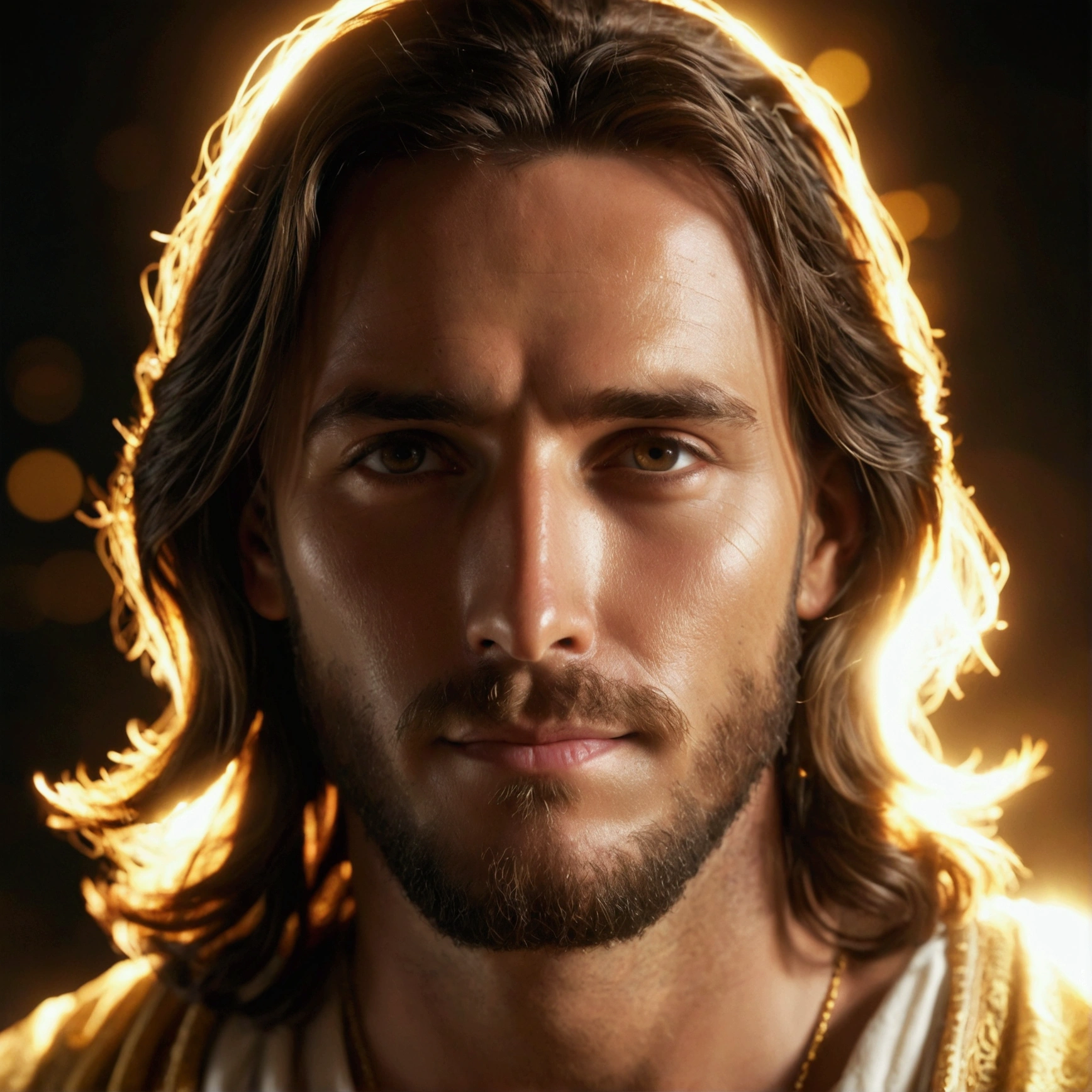 A captivating photograph of Jesus on a black background, in cinematic style, Jesus standing still looks at us with a smile, with long wavy hair and beard, exudes a divine aura, Um leve, intense light that seems to emanate from your entire being, outlining your silhouette. a cosmic and divine environment. The Divine Light, with shades of white and gold illuminate the scene, on his face an expression of serenity and joy. panoramic view, creating a halo that softly illuminates the faces of Jesus and the man. the image is bathed in Um leve, golden light, creating a dramatic and moving atmosphere., photographic, panoramic view, cinematic, Intricate details, perfects eyes, perfect  skin, face perfect, Photorealista 4k, PICTURE REALISTIC, dynamic lighting, super verbose, ultra-realistic and realistic textures, panoramic view.