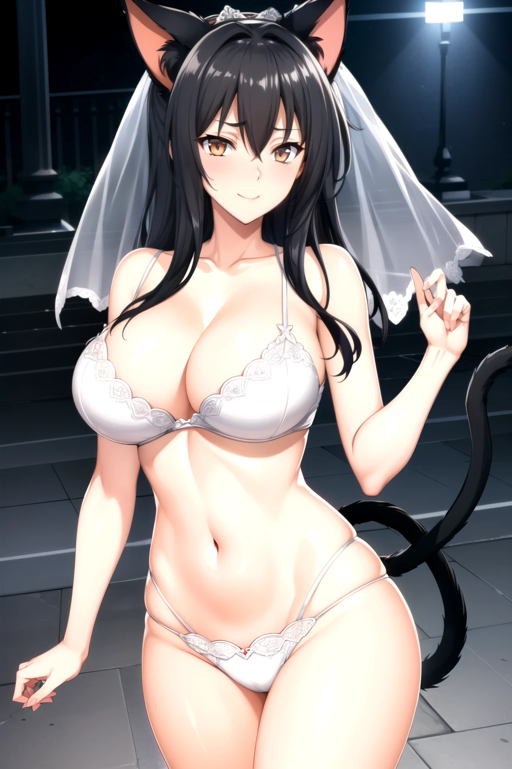 white bra, white lace, white panty bride, veil, Black Steele, 1 Girl, breast, Animal ears, Solitary, Black Hair, Cat ears,Silky skin,cleveage,clavicle, 1 girl, 25 years old,Young women,beautiful Finger,beautiful long legs,beautiful body,beautiful Nose,beautiful character design, perfect Eye, perfect Face,expressive Eye,Perfect balance, Looking at the audience,(Focus on her Face),Residence, (Innocent_大Target_Eye:1.0),Light_Smile, Official Art,Very detailed CG unity 8k wallpaper, Perfect lighting,rich and colorful, bright_front_Face_Lighting,有Light澤的皮膚, (masterpiece:1.0),(the best_quality:1.0), Ultra-high resolution,4K,Very detailed, photography, 8K, HDR, high resolution, absurd:1.2, Kodak Portrait 400, Film Grain, Blurred background, Bokeh:1.2, 镜头Light晕, (Energetic_color:1.2),专业photography师, (beautiful,Target_Chest:1.3), (beautiful_Face:1.5),(narrow_waist),Smile, Happy