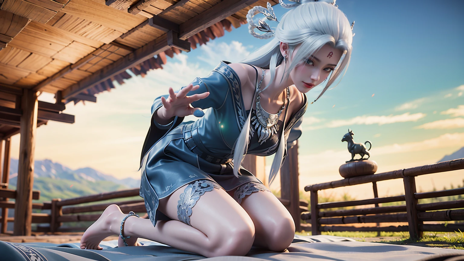 best quality,masterpiece,The Ultimate Solution,Fluffy,Extremely colorful,Mature beautiful woman,(Dress school uniform),Lace skirt,(Beautiful woman beheaded),Normal posture,(Kneeling),Kneeling on the bed,shackles,Beheading,collar,White stockings ,barefoot,Normal posture