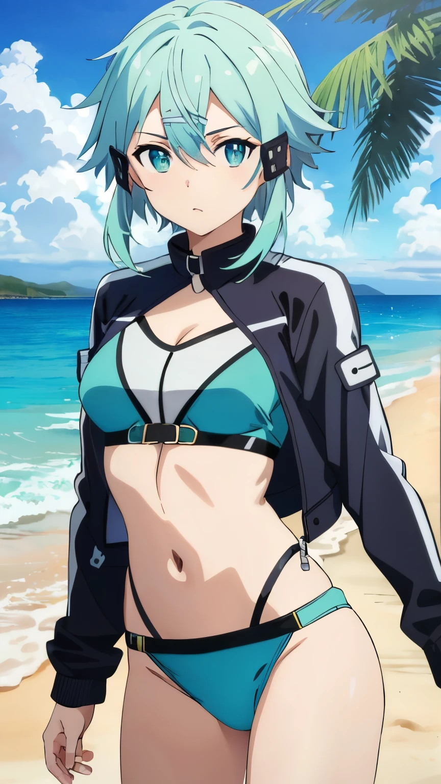 (Top Quality, Masterpiece, 8k:1.2), Ultra Detailed, High Resolution, (Anime:1.5), 1 Girl, Solo, EPsoaSinon, Short Hair, Light Blue Hair, Detailed Jewel Eyes, Hair Between Eyes, (Hair Accessory:1.2), Hair Clip, Side Locks, (Rash Guard,green put on a midriff jacket, Swimsuits, bikinis, beach), dynamic Angle, Cowboy Shot,looking at viewer,