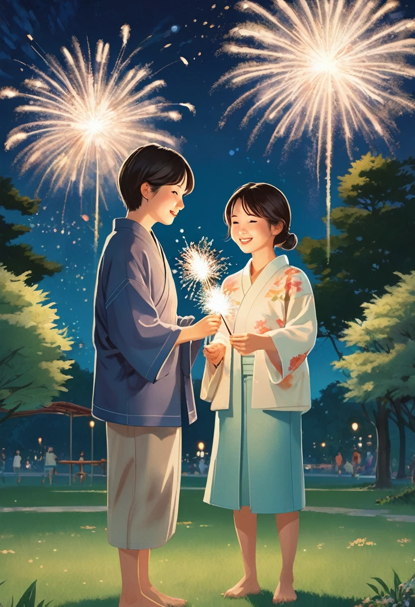 Tender full-body illustration of a mother and son enjoying handheld sparklers in a lush park at night, soft pastel colors, delicate lighting, Japanese summer scene, mother wearing yukata with intricate patterns, boy in casual clothes, gentle expressions illuminated by sparkler light, fireflies adding magical atmosphere, trees and playground equipment in background, centered composition with full figures visible, high-quality details, artistic composition, appealing character design, beautiful faces, (no fireworks in sky), (no other people)