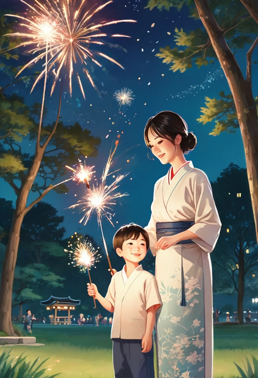 Tender full-body illustration of a mother and son enjoying handheld sparklers in a lush park at night, soft pastel colors, delicate lighting, Japanese summer scene, mother wearing yukata with intricate patterns, boy in casual clothes, gentle expressions illuminated by sparkler light, fireflies adding magical atmosphere, trees and playground equipment in background, centered composition with full figures visible, high-quality details, artistic composition, appealing character design, beautiful faces, (no fireworks in sky), (no other people)