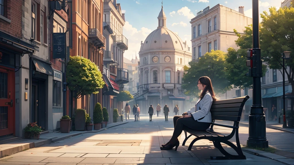 a girl and a male doctor are talking, the girl is sitting on a bench in a town square, a male doctor in a white coat walking by on the right, highly detailed, 4k, photorealistic, studio lighting, vivid colors, cinematic composition, dramatic lighting, emotional expression, beautiful detailed eyes, beautiful detailed lips, extremely detailed face, long eyelashes, melancholy, urban environment, street, city, architecture, bench, green trees, grass, cloudy sky