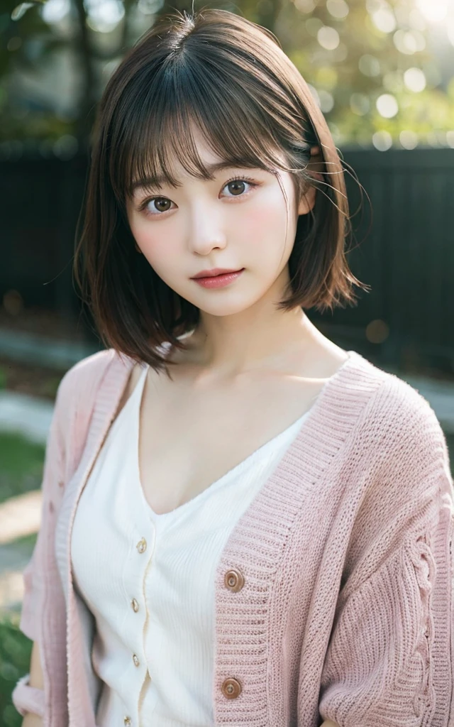 Tabletop, Highest quality, 8k, 20th Generation, 大きな豊かなchest, cute, alone, sad, cute, Girlish, Delicate girl, Pure beauty, RAW Photos, Professional photography, Portraiture, Soft Light, Professional Lighting, Backlight, Upper Body, avert your eyes, Sophisticated, Film Grain, (Eye and facial details:1.0), floating short hair, beautiful, Flowing Hair, bangs, Pink Cardigan、chest、 outside、Nipples
