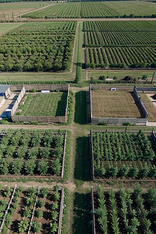 A farm with planting plots made of wooden blocks.