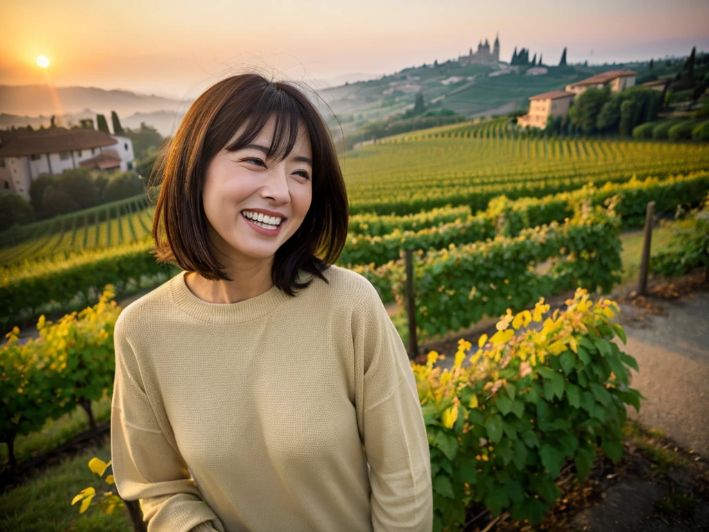 portrait、8k、high quality、realistic photo image、49 years old、japanese girl、Neat and chaste woman, Wrinkles around the eyes, Beautiful woman like a model, Reproduce natural and realistic eyes、beautiful black hair, short medium hair、mild anger、Composition of the Golden Ratio、laugh、High-quality brand long-sleeved t-shirt 、italian countryside dawn, smother, Endless vineyard, standing on a foggy hill, A cathedral can be seen far away in the fog.. 1 woman, beige casual pants, Canon 16-35 wide angle lens shot, 1 woman