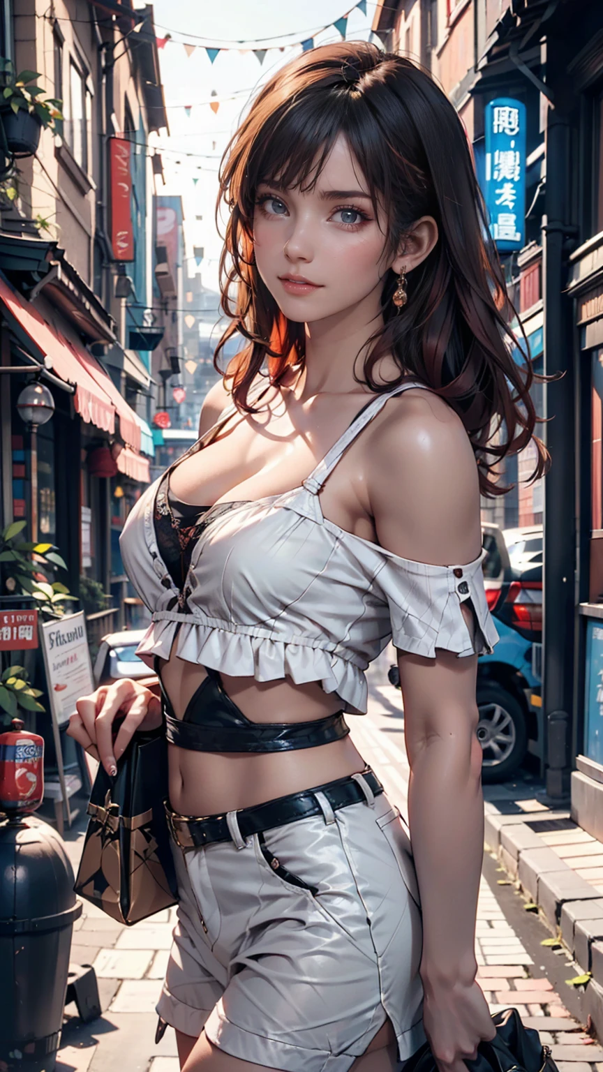 A miniature image of a city stretching from alleys to streets, super detailed, masterpiece, Highest quality, super high quality, 不条理なdetailed, The best light, Best Shadow, sharp, sharp image, detailed, extremely detailed, Amazing resolution, 8k, 4K, Ultra-high resolution, Volumetric, Bright fairy, Particle Effects, Beautiful Effects, neon, neon light, Sunbeam, sunlight, (People on the street)、24-year-old woman、Red hair、semi-long、Sexy proportions、Narrow waist、Off-the-shoulder tops、Lower milk visible、Low-rise ultra tiletto heels、Clutch bags