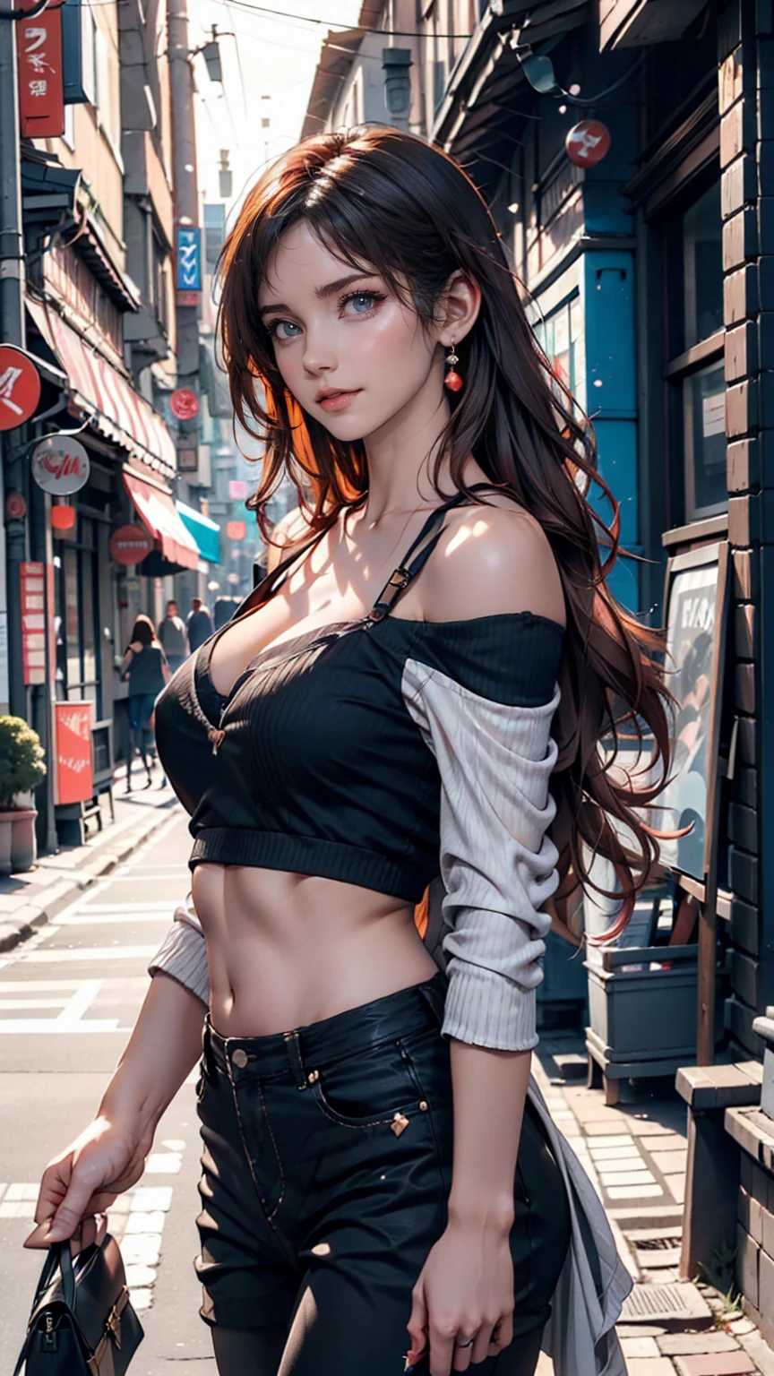 A miniature image of a city stretching from alleys to streets, super detailed, masterpiece, Highest quality, super high quality, 不条理なdetailed, The best light, Best Shadow, sharp, sharp image, detailed, extremely detailed, Amazing resolution, 8k, 4K, Ultra-high resolution, Volumetric, Bright fairy, Particle Effects, Beautiful Effects, neon, neon light, Sunbeam, sunlight, (People on the street)、24-year-old woman、Red hair、semi-long、Sexy proportions、Narrow waist、Off-the-shoulder tops、Lower milk visible、Low-rise ultra tiletto heels、Clutch bags
