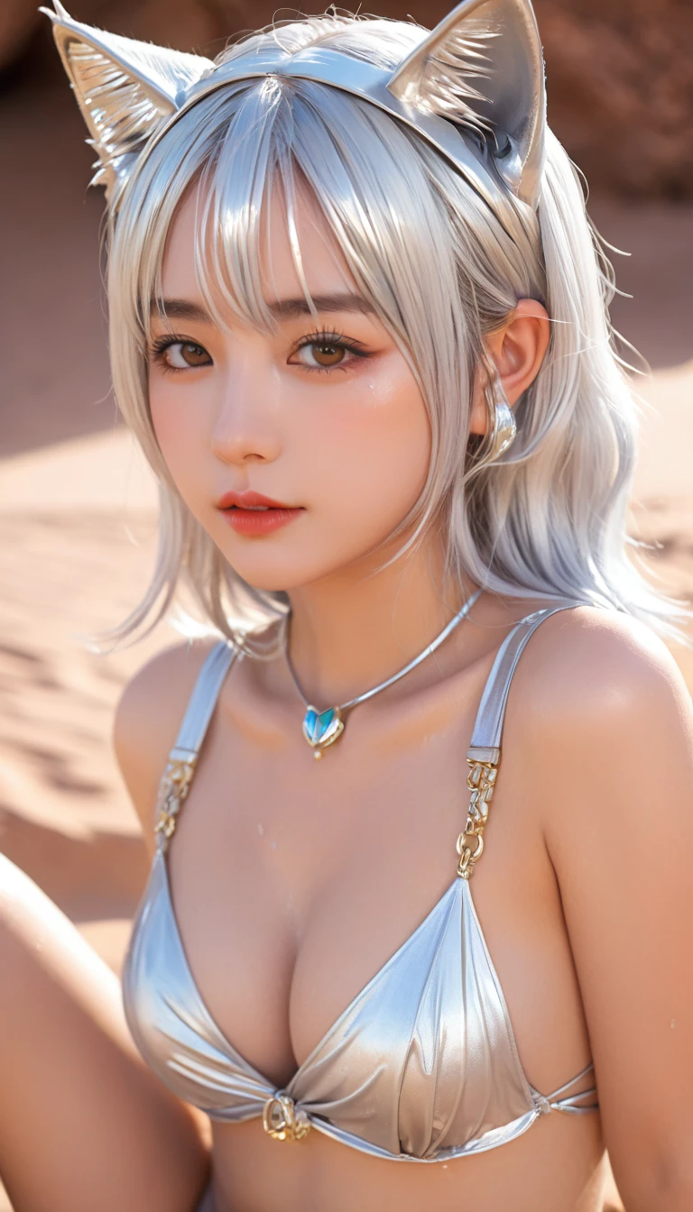 Masterpiece, top quality anime illustration, super detailed, one girl, solo focus, beautiful girl with silver hair cat ears, anime , cat eared loliigh emphasis, god Bastet, bathing in desert oasis, wet sheer
