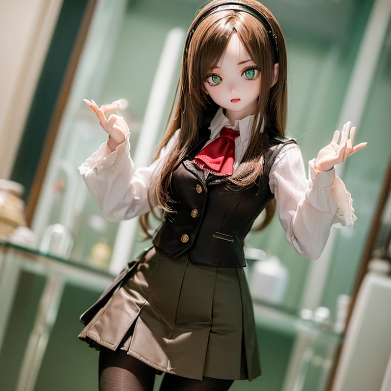 (SFW:2), photorealistic, realistic photo, 8k, ((highest quality)), ((masterpiece)), (extremely detailed), kukolnydom, doll, (mature woman, 21yo, 21 years old, solo:1.6), ((cowboy shot, dynamic pose, slim, slender, skinny, medium breasts, hairband, ascot, vest, blouse, long puff sleeves, pleated skirt, black pantyhose)), (green eyes, brown hair, long hair, plastic skin, looking at another, glass eyes, gradient eyes, shining eyes, detailed eyes:1.3)