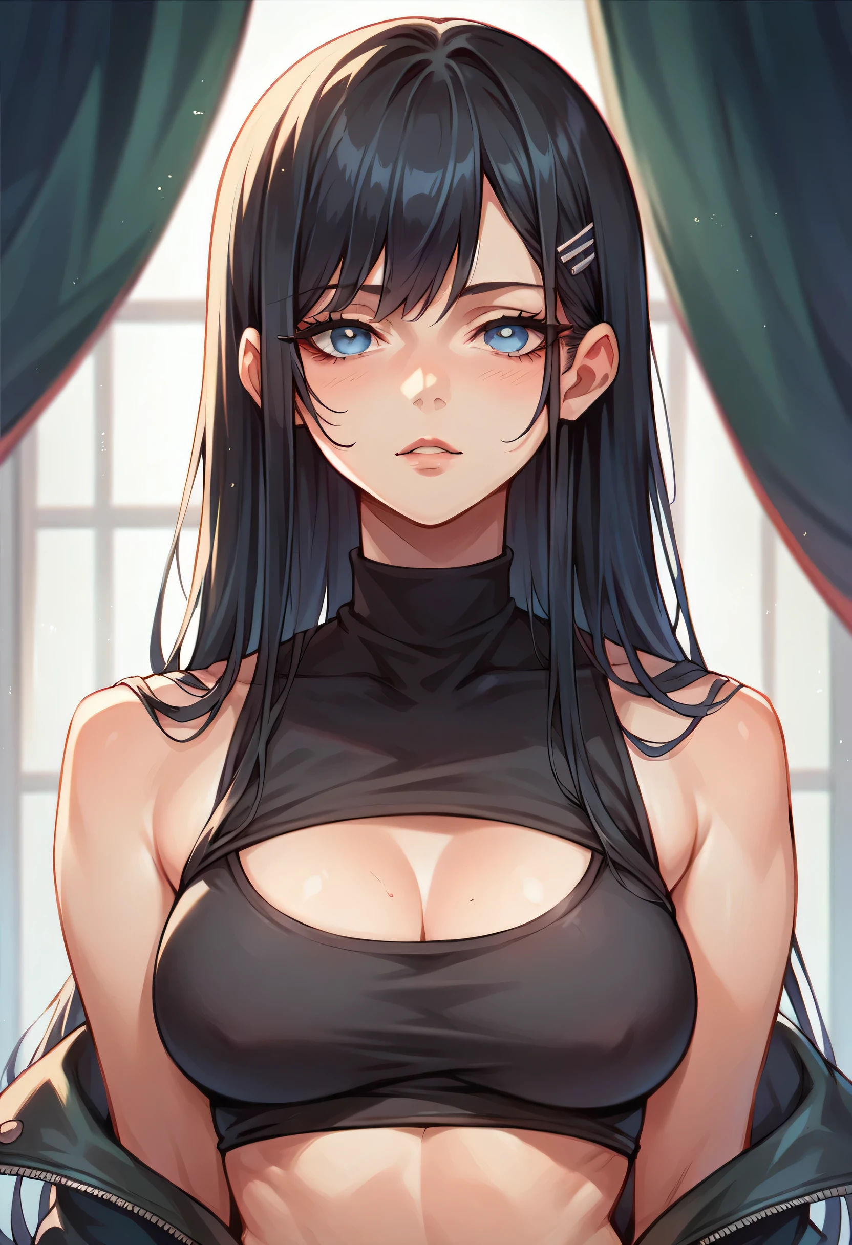 anime girl with long black hair and blue eyes wearing a black top, detailed long black hair, digital anime illustration, anime girl with long hair, seductive anime girl, style artgerm, 