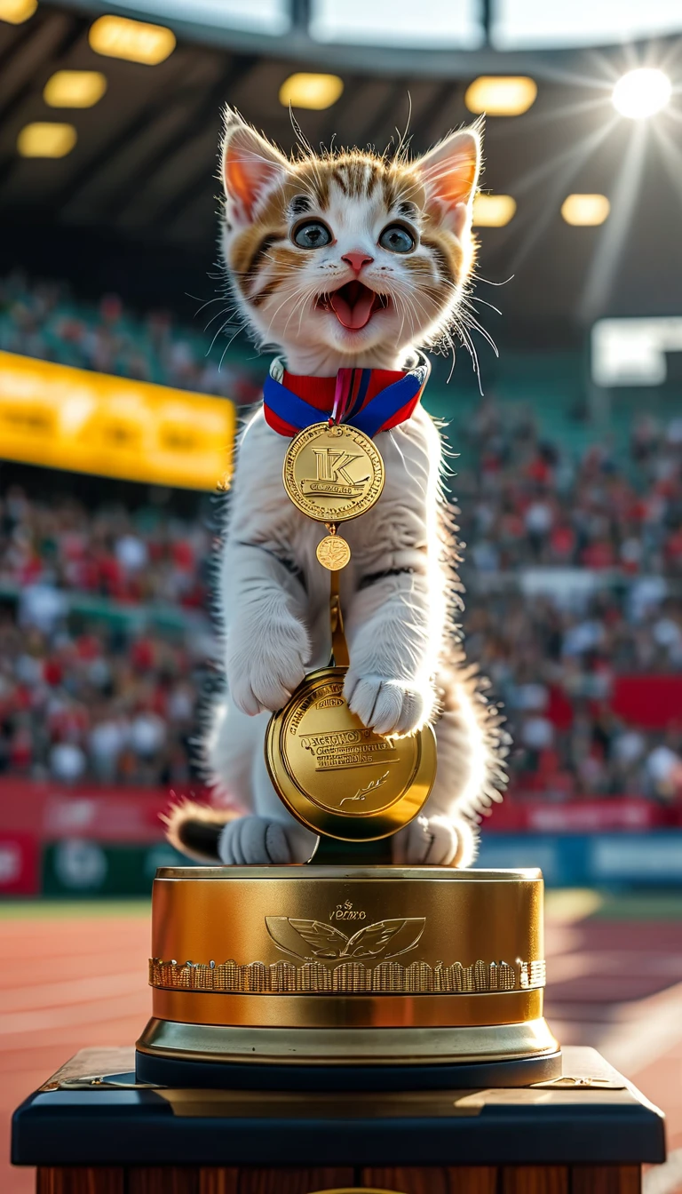 ((8k)), Highest quality, 超High resolution, (High resolution), Kitten on the podium,Awards,Biting the gold medal, Loud cheers from the audience, Athletics Stadium