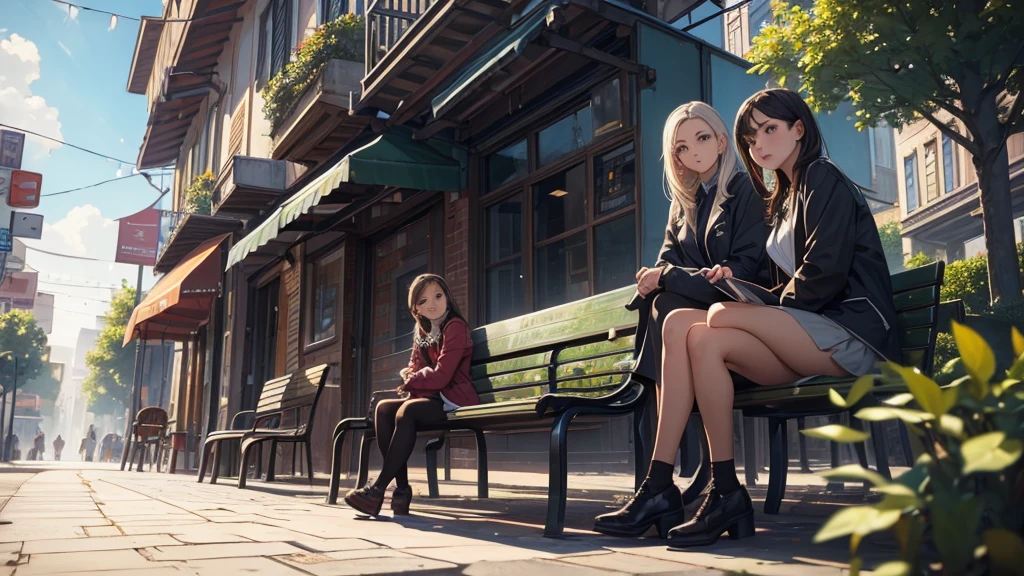 two caracters, a girl and a doctor in the scene, a girl is talking to a doctor, the girl is sitting on a bench in a town square, highly detailed, 4k, photorealistic, studio lighting, vivid colors, cinematic composition, dramatic lighting, emotional expression, beautiful detailed eyes, beautiful detailed lips, extremely detailed face, long eyelashes, melancholy, urban environment, street, city, architecture, bench, green trees, grass, cloudy sky