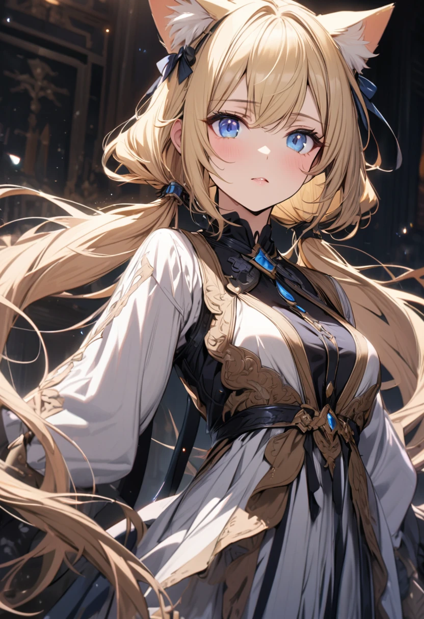 girl, blond hair, long hair, low twin tails, cat ears, beautiful, high detail, pretty, blue eyes