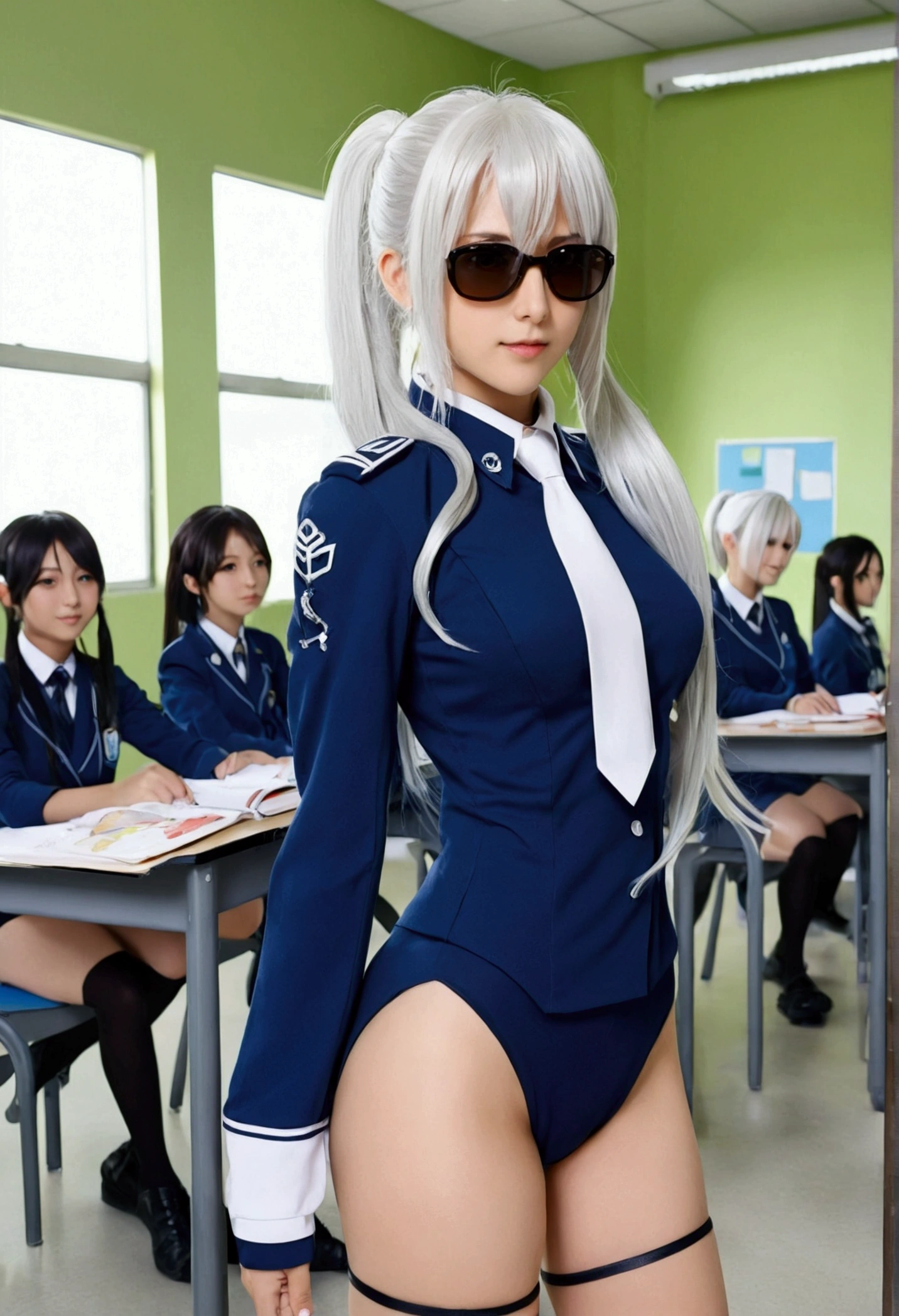 Anime girl with long white hair and sunglasses standing in the classroom, Silver hair (pony tail), White hair, perfect White hair girl, Girls style on the front lines, The girl with white hair, White hair lady, cyborg - girl with Silver hair, From the girls&#39; front line, the one with white hair, Anime style character, Kantai collection style, Anime mo art style, Anime style