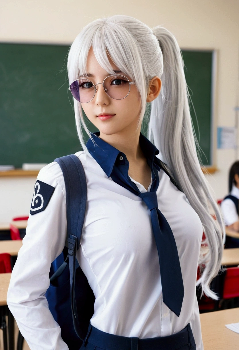 Anime girl with long white hair and sunglasses standing in the classroom, Silver hair (pony tail), White hair, perfect White hair girl, Girls style on the front lines, The girl with white hair, White hair lady, cyborg - girl with Silver hair, From the girls' front line, the one with white hair, Anime style character, Kantai collection style, Anime mo art style, Anime style